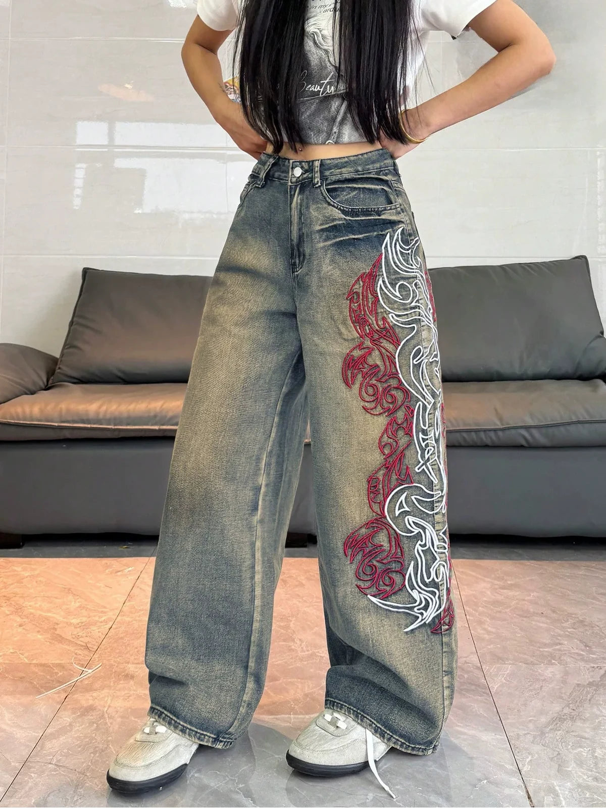 Vintage Blue Dragon Trace Wide-Leg Jeans styled on-model view 3