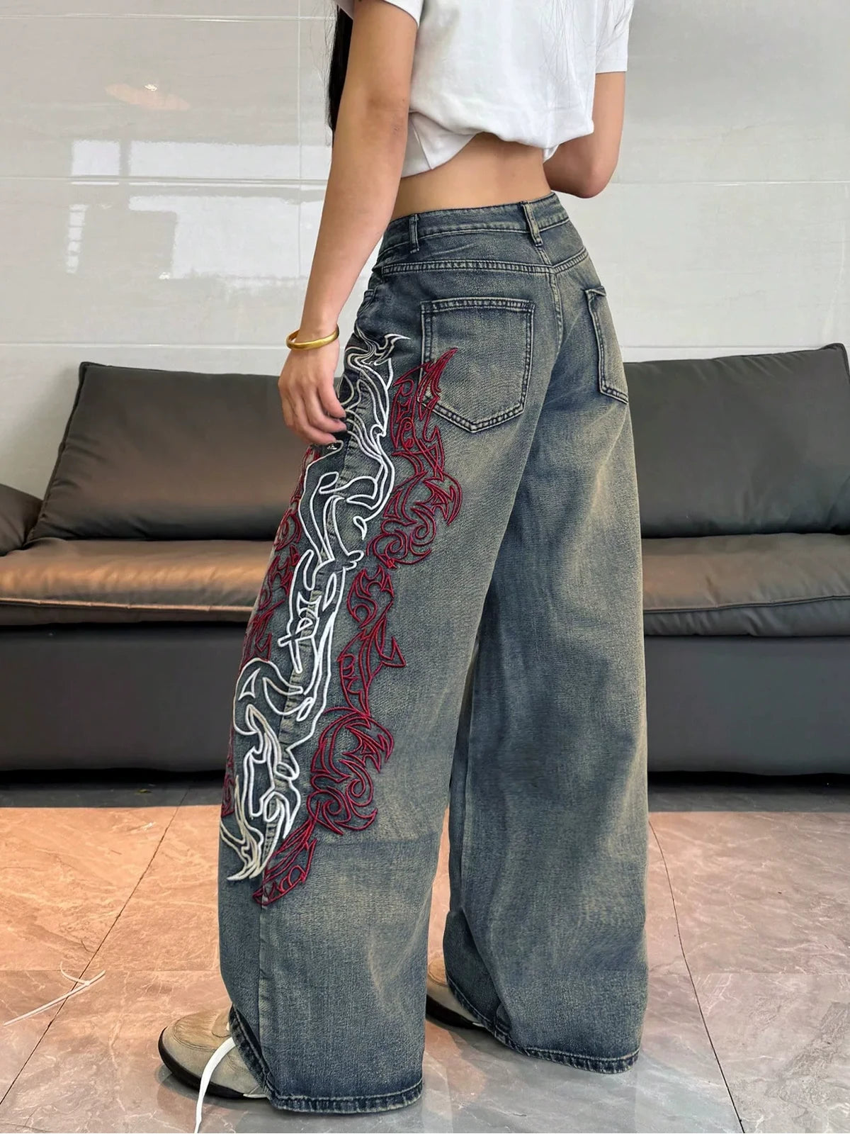 Vintage Blue Dragon Trace Wide-Leg Jeans styled on-model view 4