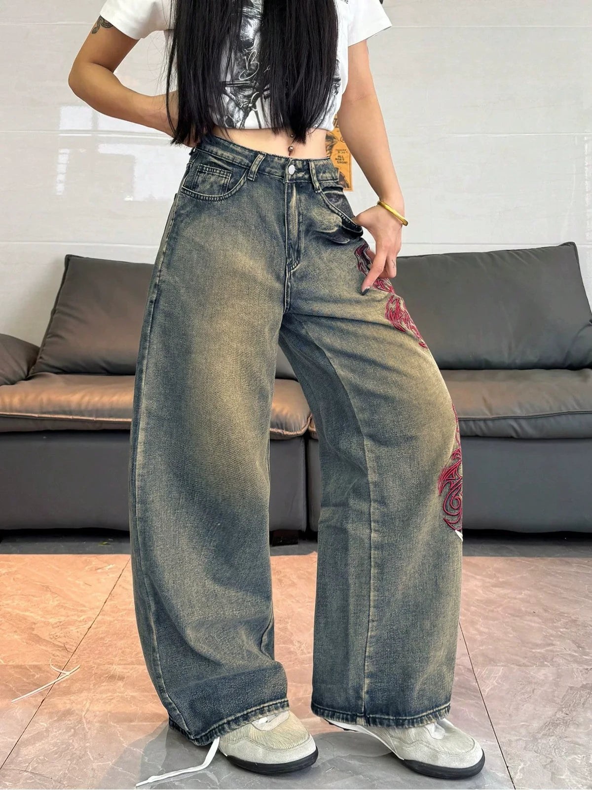 Vintage Blue Dragon Trace Wide-Leg Jeans styled on-model view 5