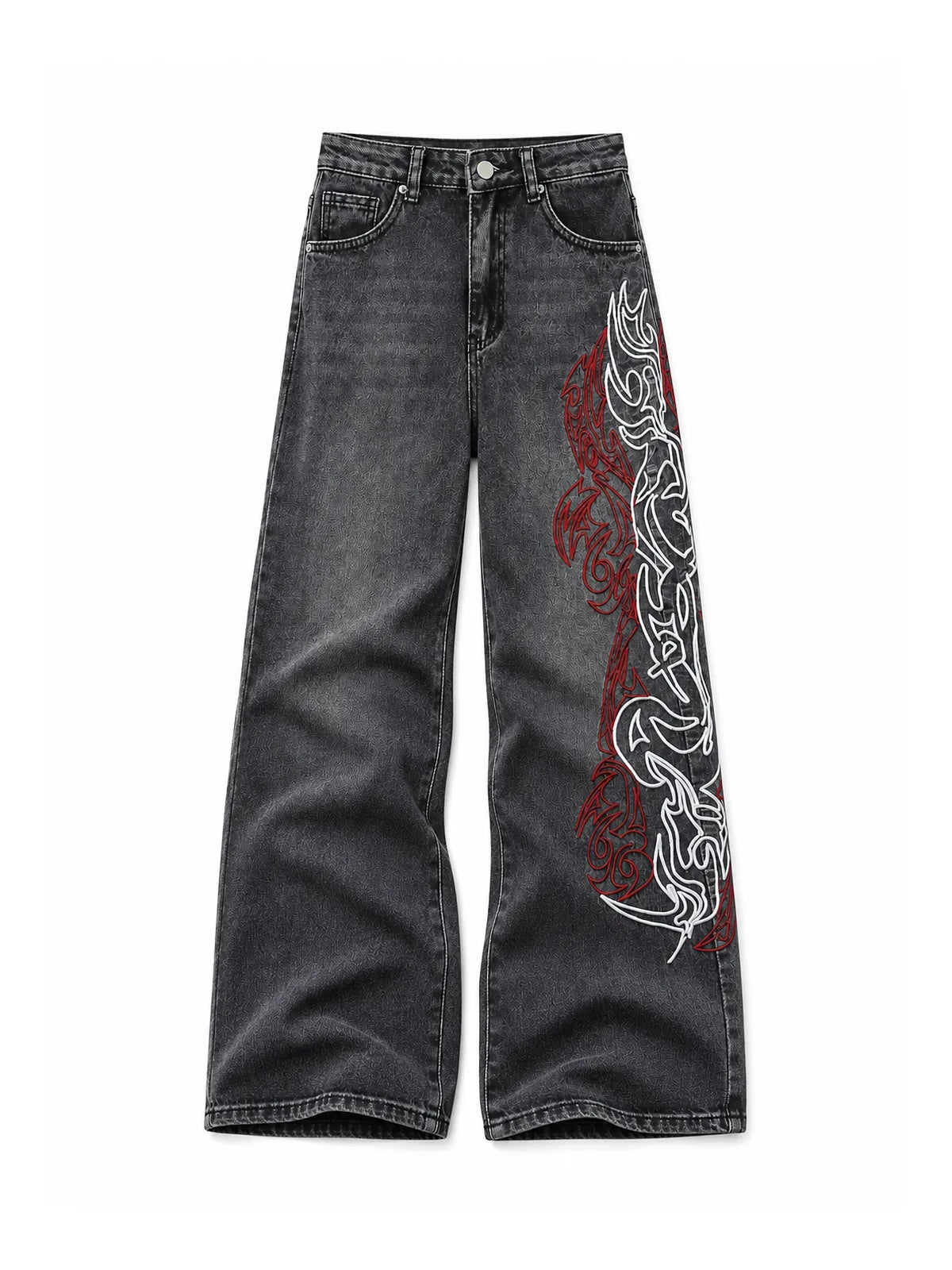 Gray Dragon Trace Wide-Leg Jeans in a natural flat lay on white