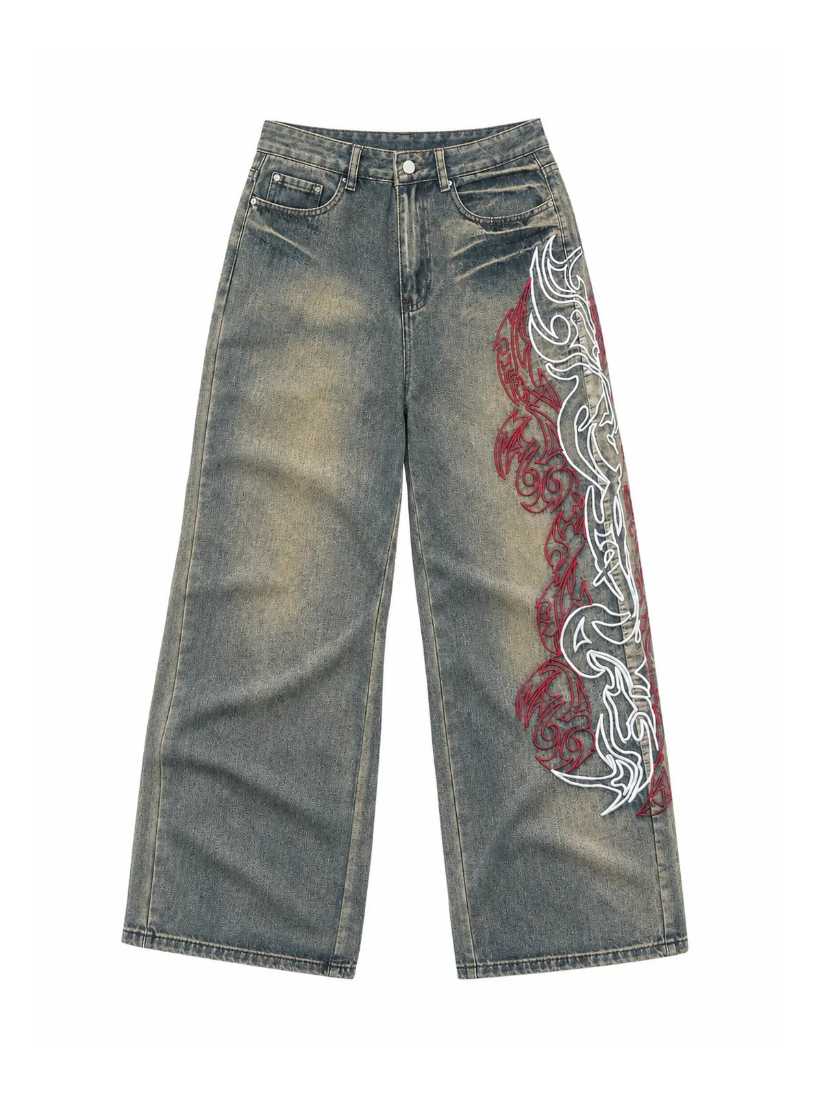 Vintage Blue Dragon Trace Wide-Leg Jeans in a natural flat lay on white