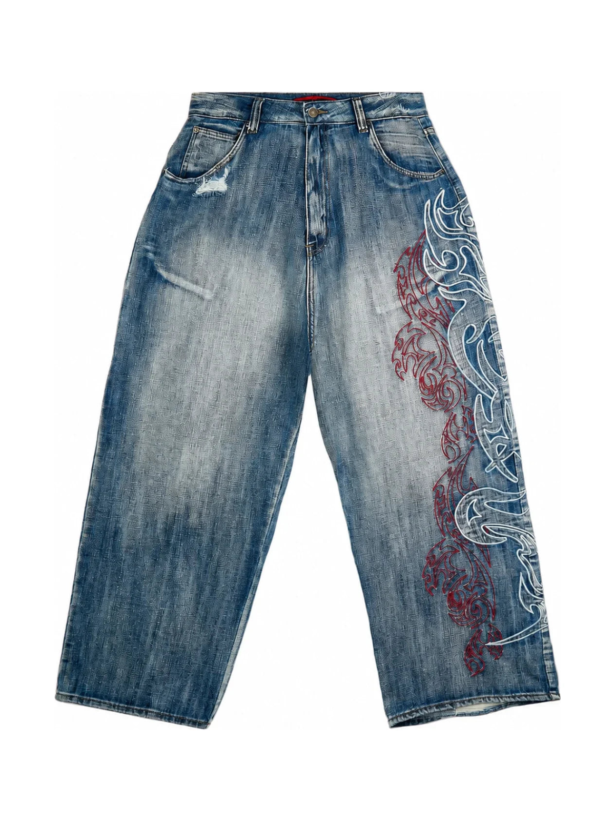 The Tribal Flame Embroidered Jeans in blue on a pure white background, front view