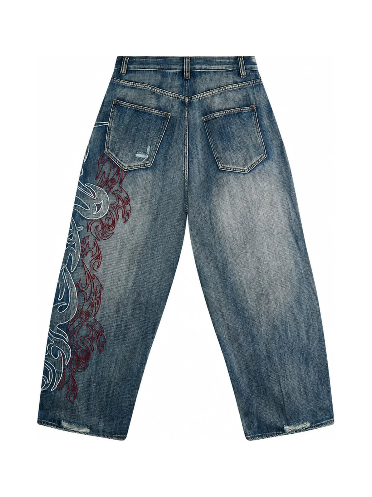 The Tribal Flame Embroidered Jeans in blue on a pure white background, back view