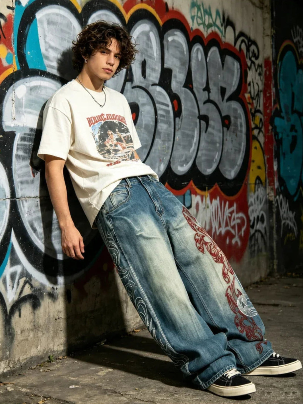 The "Tribal Flame" Embroidered Jeans styled on model, graffiti wall front view
