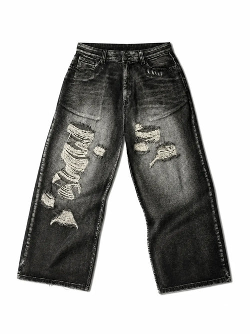 The Skeletal Wings Distressed Jeans in washed black, natural flat lay on a pure white background, front view