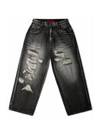 The Skeletal Wings Distressed Jeans in washed black, front view on white
