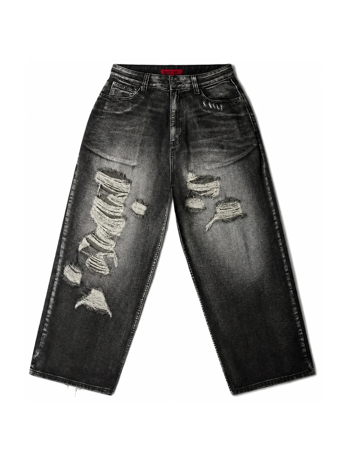 The Skeletal Wings Distressed Jeans in washed black, front view on white