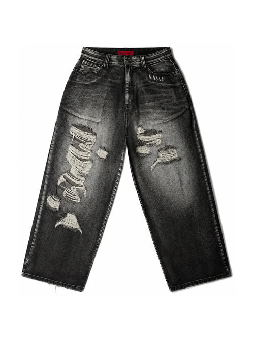 The Skeletal Wings Distressed Jeans in washed black, front view on white