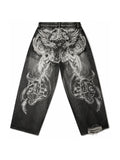 The Skeletal Wings Distressed Jeans in washed black, back graphic view on white