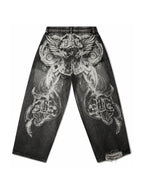 The Skeletal Wings Distressed Jeans in washed black, back graphic view on white