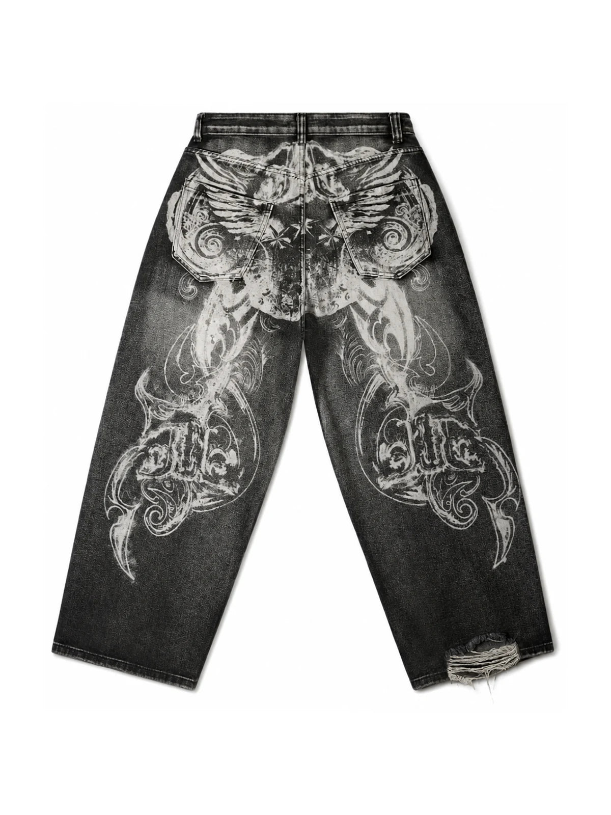 The Skeletal Wings Distressed Jeans in washed black, back graphic view on white