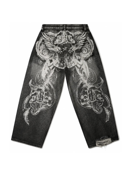 The Skeletal Wings Distressed Jeans in washed black, back graphic view on white