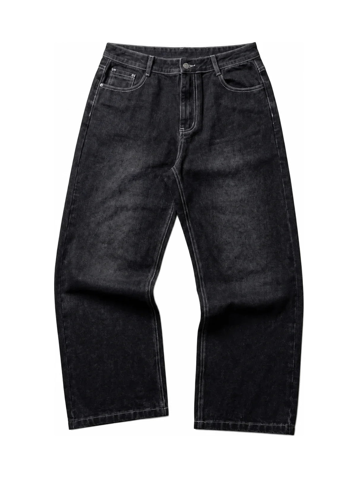 The Polar Script Washed Jeans in black on a pure white background, front view