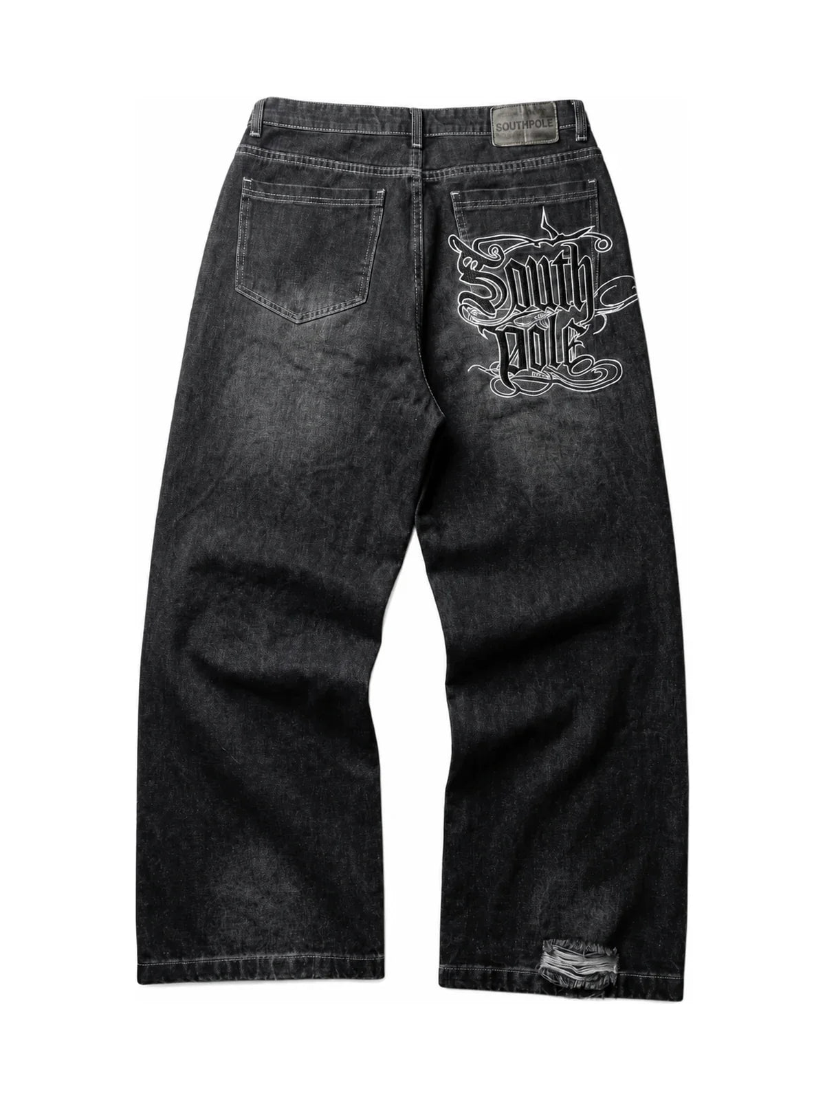 The Polar Script Washed Jeans in black on a pure white background, back graphic view