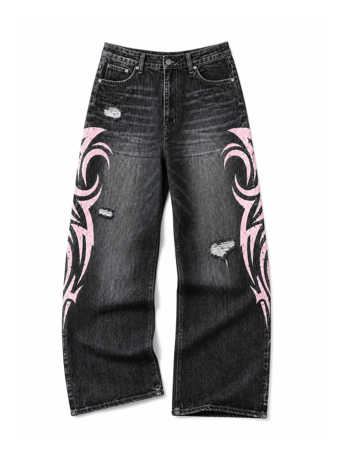 Black and pink Tribal Halo washed wide-leg jeans in a natural flat lay on a pure white background
