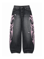 Black and pink Tribal Halo washed wide-leg jeans on a white background