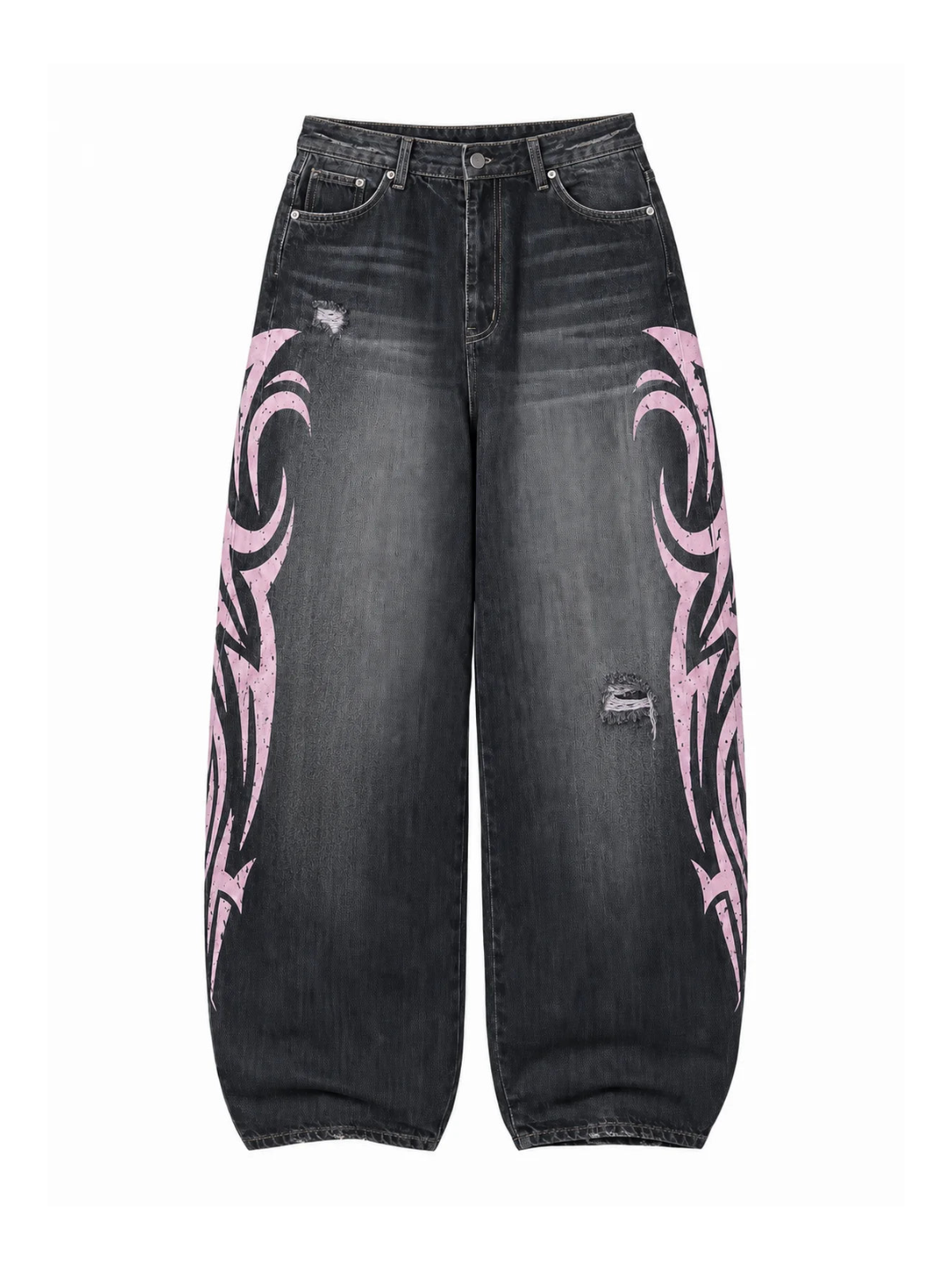 Black and pink Tribal Halo washed wide-leg jeans on a white background