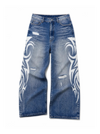 Blue and white Tribal Halo washed wide-leg jeans in a natural flat lay on a pure white background