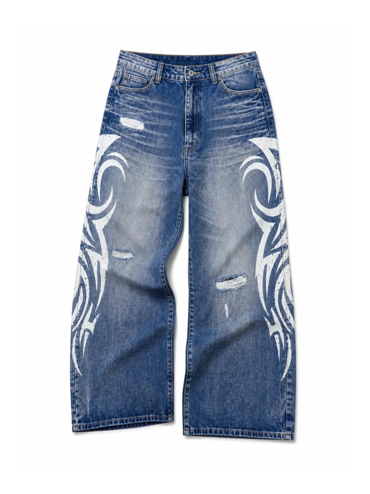 Blue and white Tribal Halo washed wide-leg jeans in a natural flat lay on a pure white background