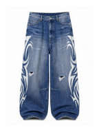 Blue and white Tribal Halo washed wide-leg jeans on a white background