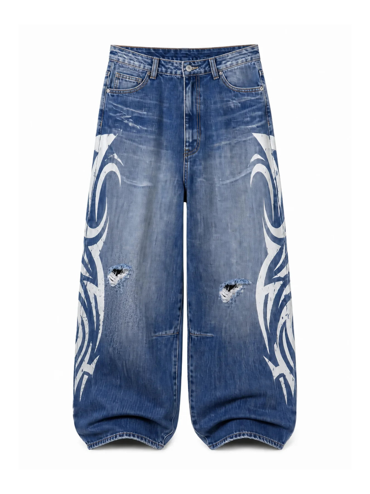 Blue and white Tribal Halo washed wide-leg jeans on a white background