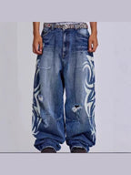 Front view of blue and white Tribal Halo washed wide-leg jeans