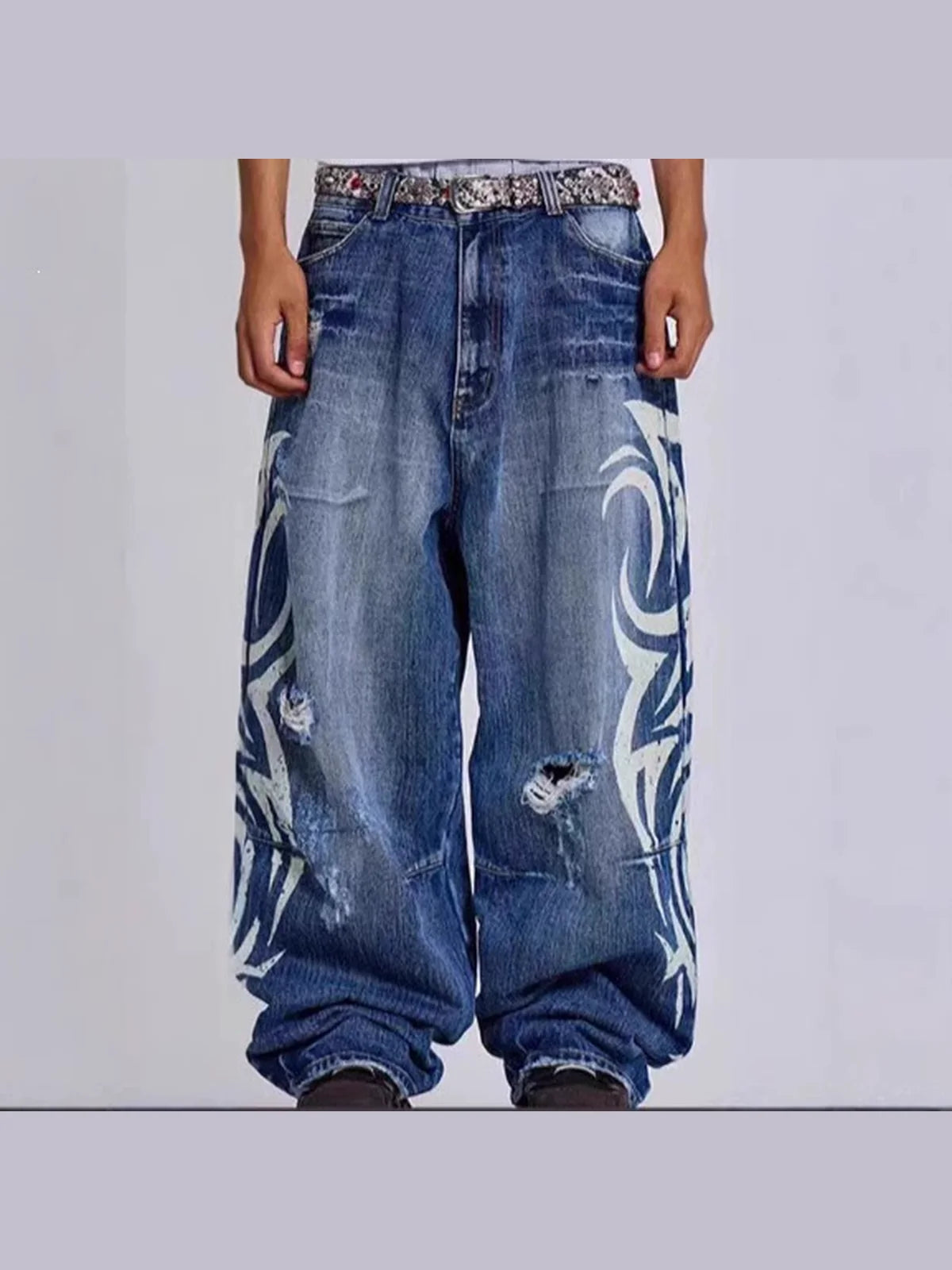 Front view of blue and white Tribal Halo washed wide-leg jeans