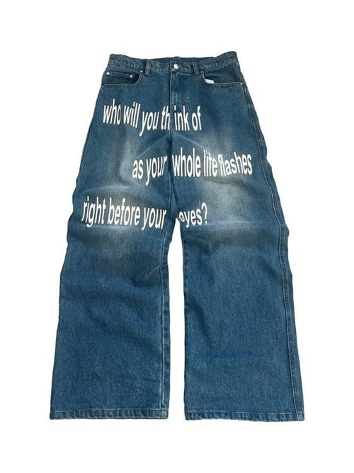 Blue Life Flashes Printed Jeans on a pure white background, front view