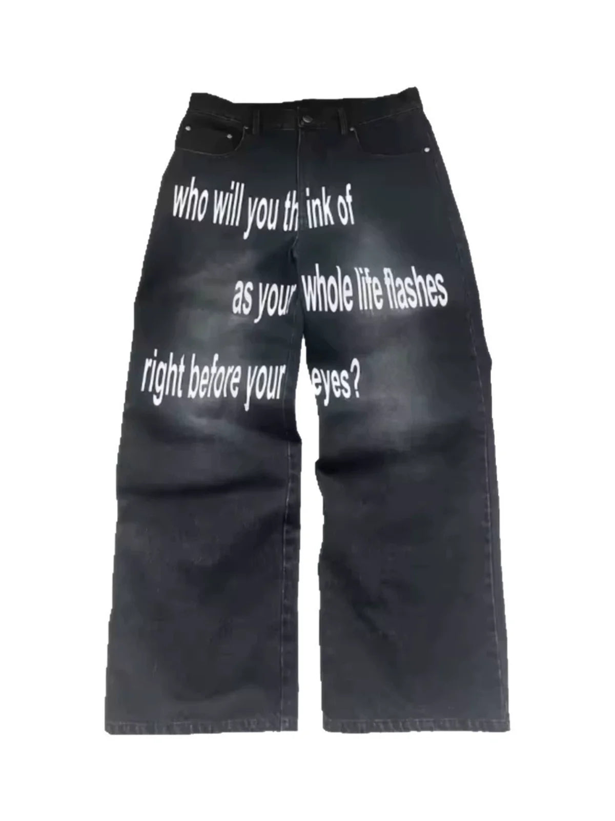 Black Life Flashes Printed Jeans on a pure white background, front view