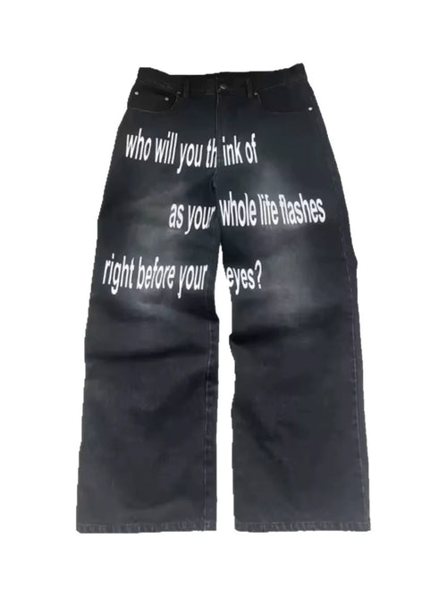 Black Life Flashes Printed Jeans on a pure white background, front view