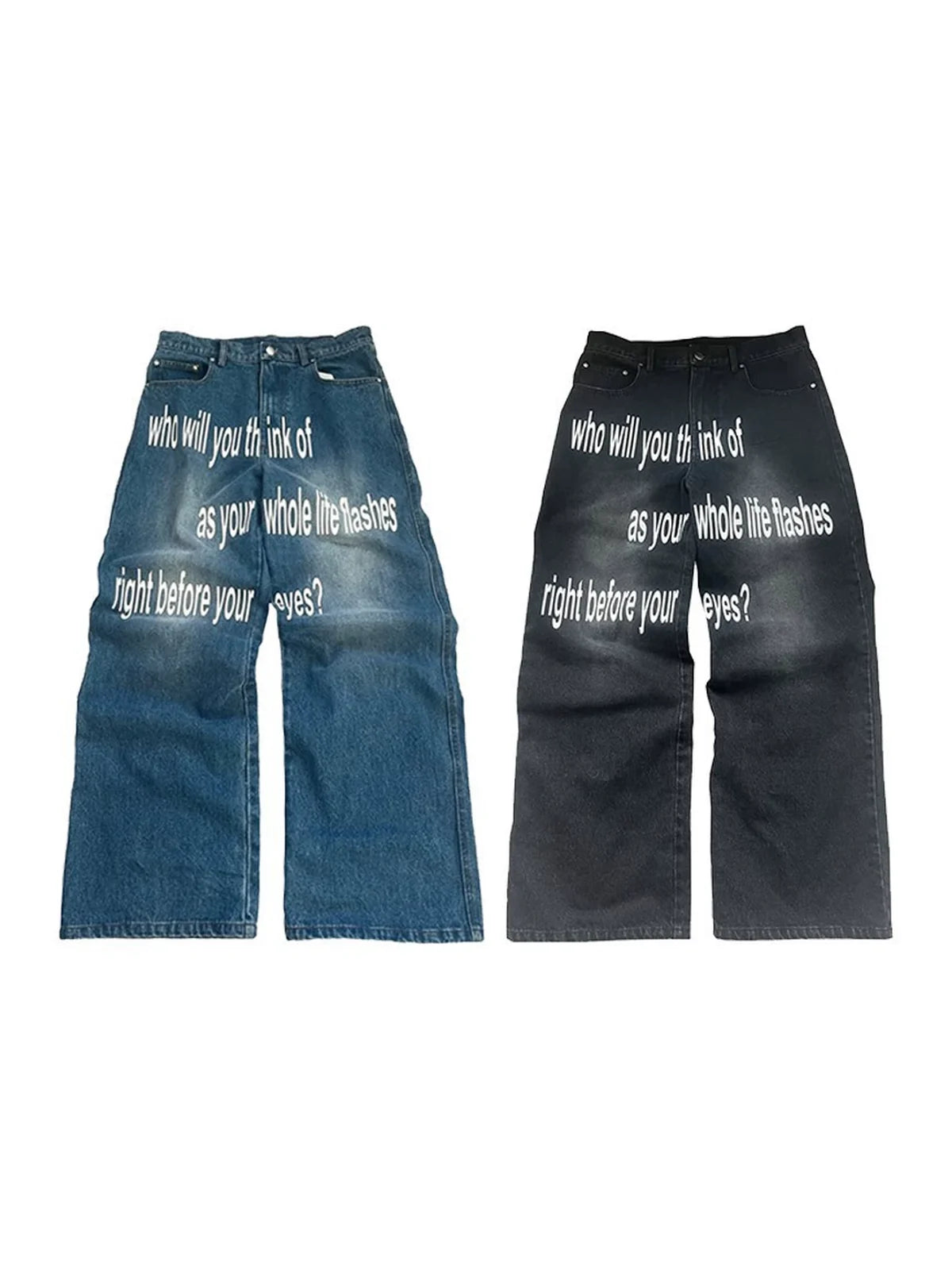 Life Flashes Printed Jeans in blue and black on a pure white background