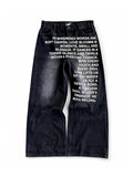 Black Whispered Words Printed Jeans on a pure white background, front view