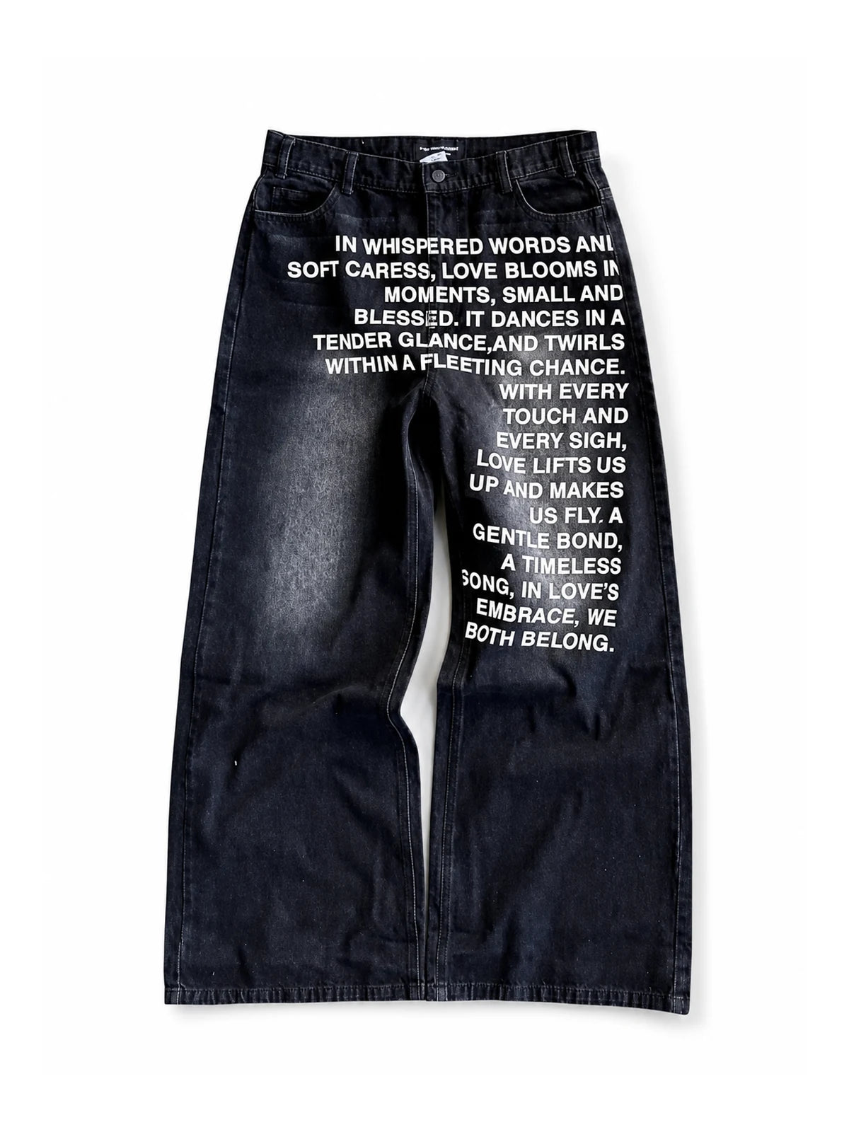 Black Whispered Words Printed Jeans on a pure white background, front view