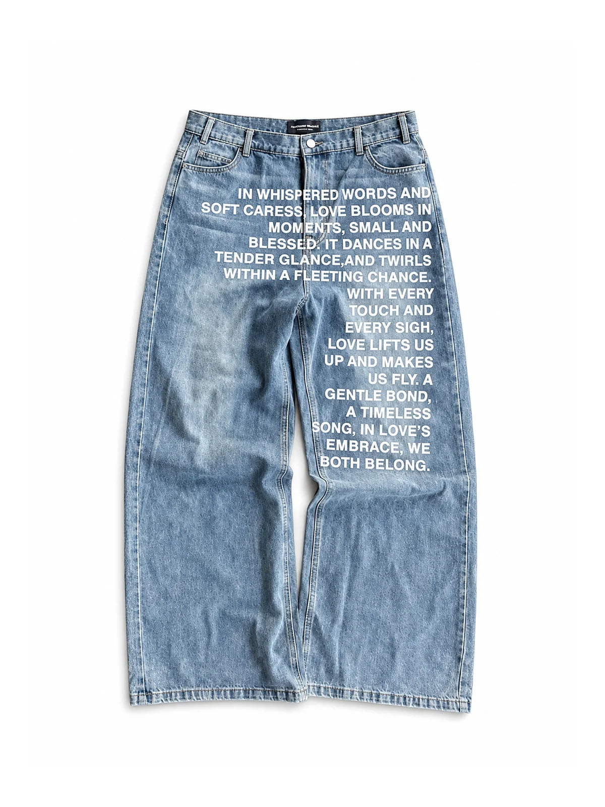 Blue Whispered Words Printed Jeans on a pure white background, front view
