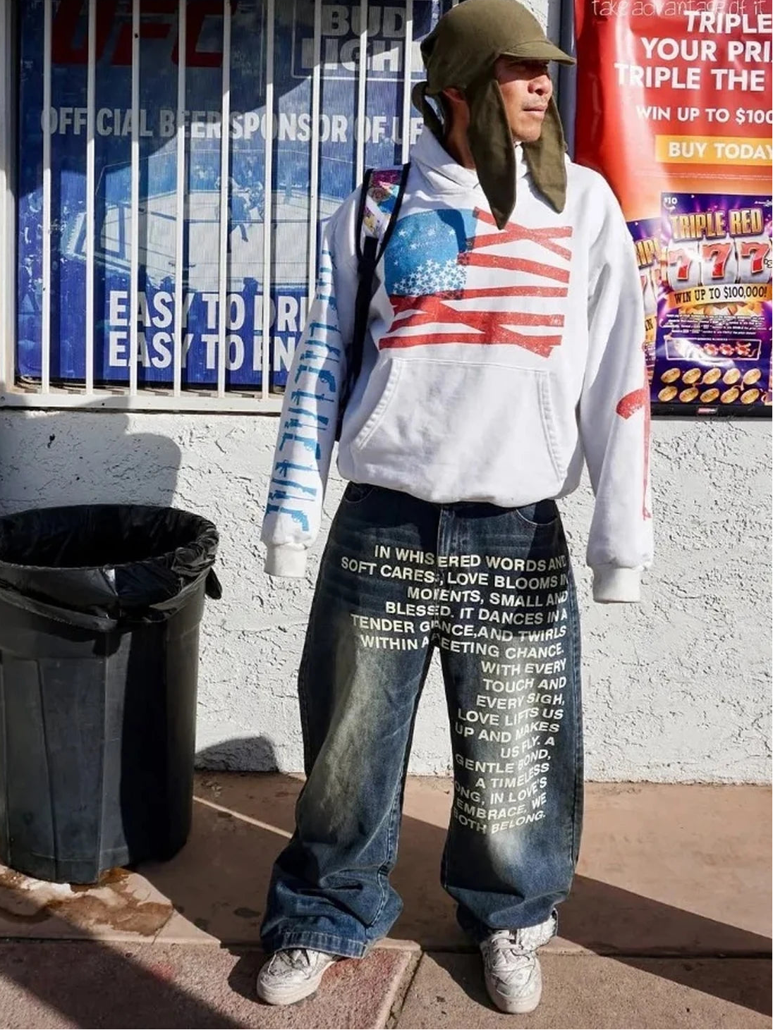 Blue Whispered Words Printed Jeans styled outdoors