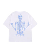 White Rebel Bones Skeleton Graphic Tee with blue print, white background