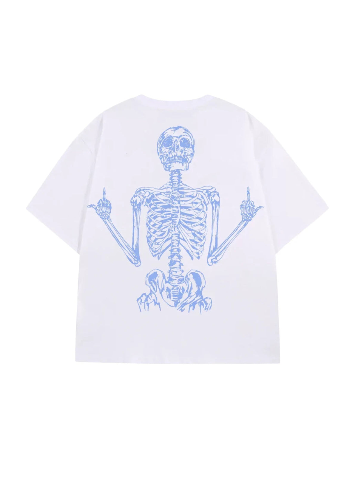 White Rebel Bones Skeleton Graphic Tee with blue print, white background