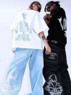 Black and white Rebel Bones Skeleton Graphic Tees styled together