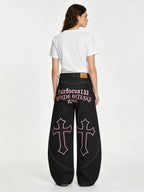 Gothic Cross black embroidered jeans, back view, white background