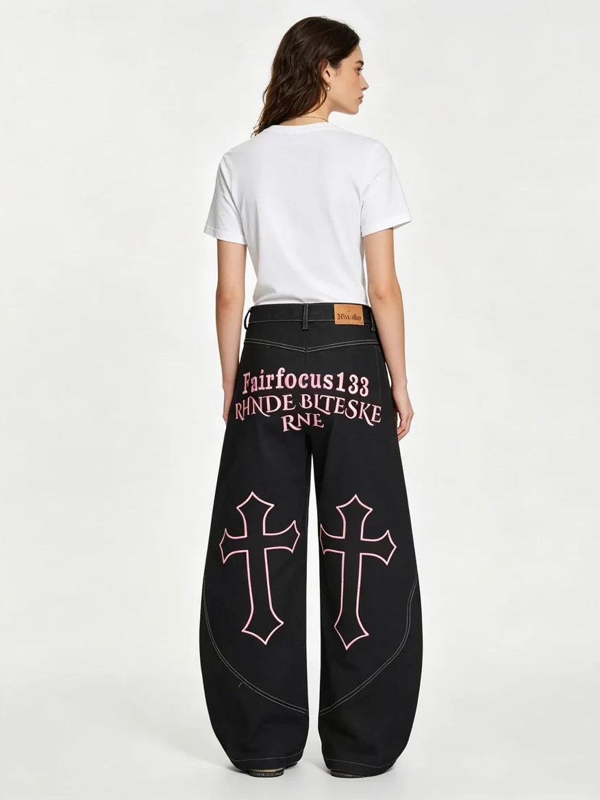 Gothic Cross black embroidered jeans, back view, white background