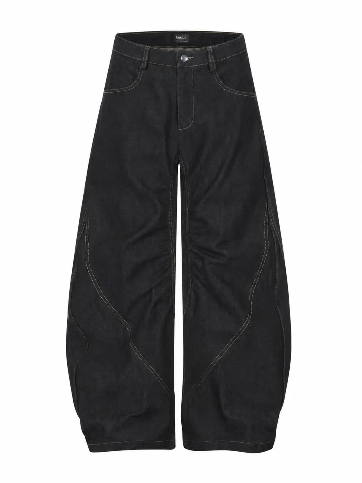 Gothic Cross black curved wide-leg jeans, product-only front view, white background