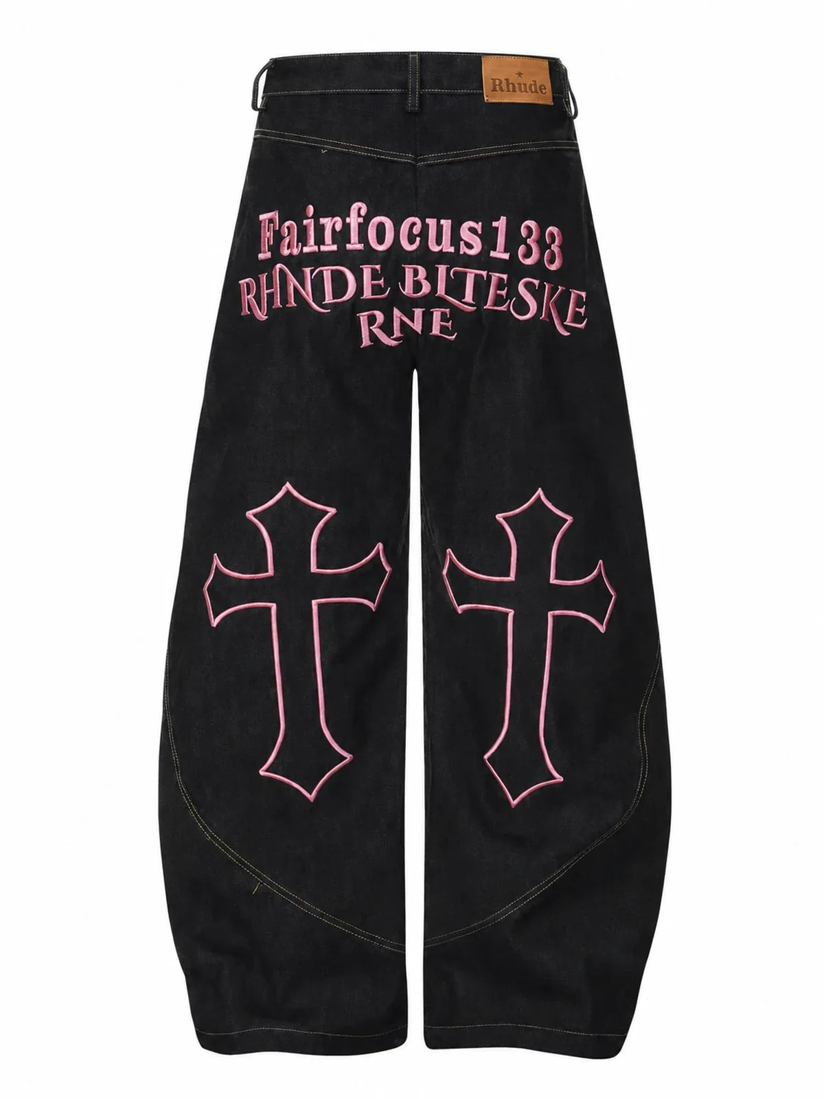 Gothic Cross black jeans with pink cross embroidery, product-only back view, white background