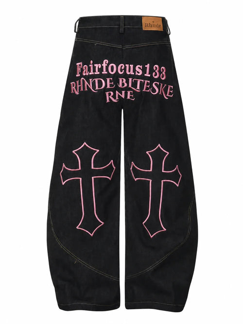 Gothic Cross black jeans with pink cross embroidery, product-only back view, white background