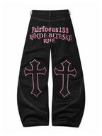 Gothic Cross black jeans with pink cross embroidery, natural flat-lay back view, white background