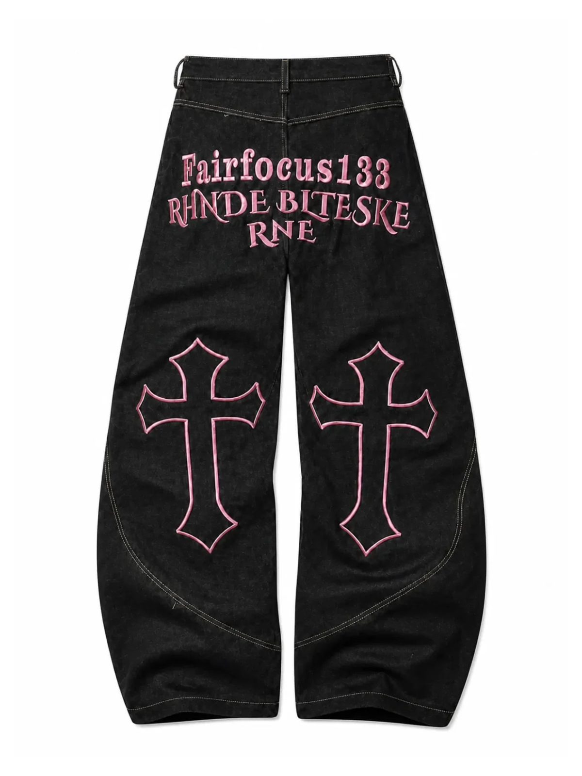 Gothic Cross black jeans with pink cross embroidery, natural flat-lay back view, white background