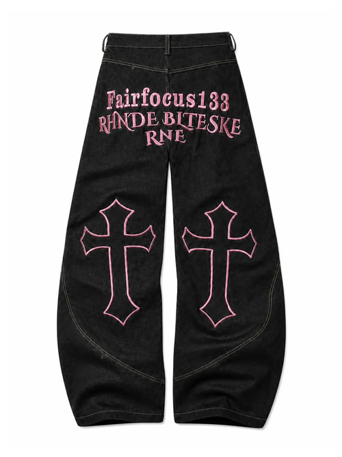 Gothic Cross black jeans with pink cross embroidery, natural flat-lay back view, white background