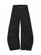 Gothic Cross black curved wide-leg jeans, natural flat-lay front view, white background