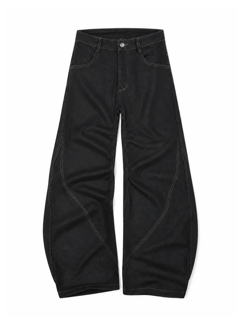 Gothic Cross black curved wide-leg jeans, natural flat-lay front view, white background