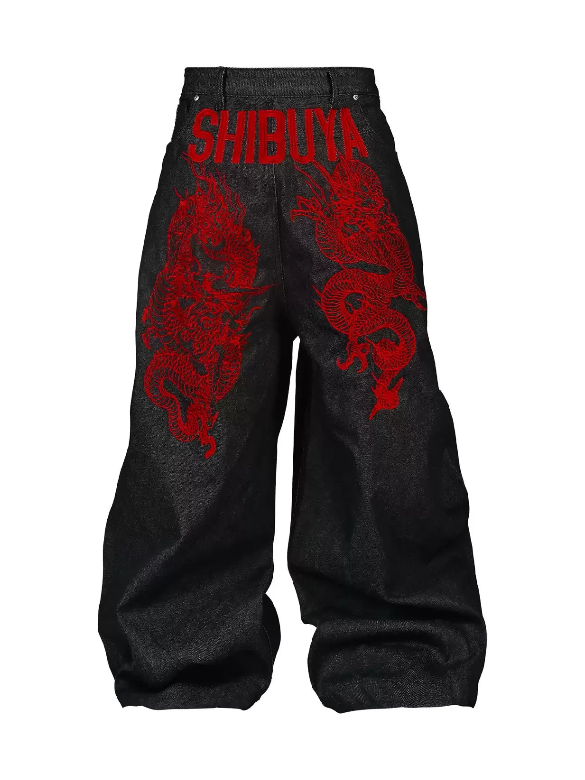 The Shibuya Dragon Graphic Jeans in black, back product view with red dragon graphics on white