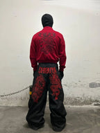 Black wide-leg Shibuya Dragon Graphic Jeans back styling
